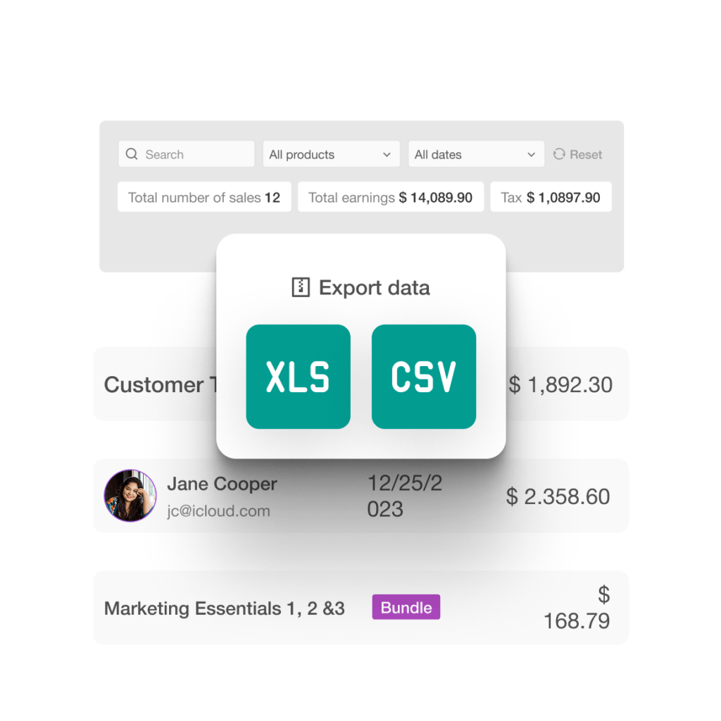 Analytics dashboard background with an overlay showing ‘Export data’ buttons for XLS and CSV.