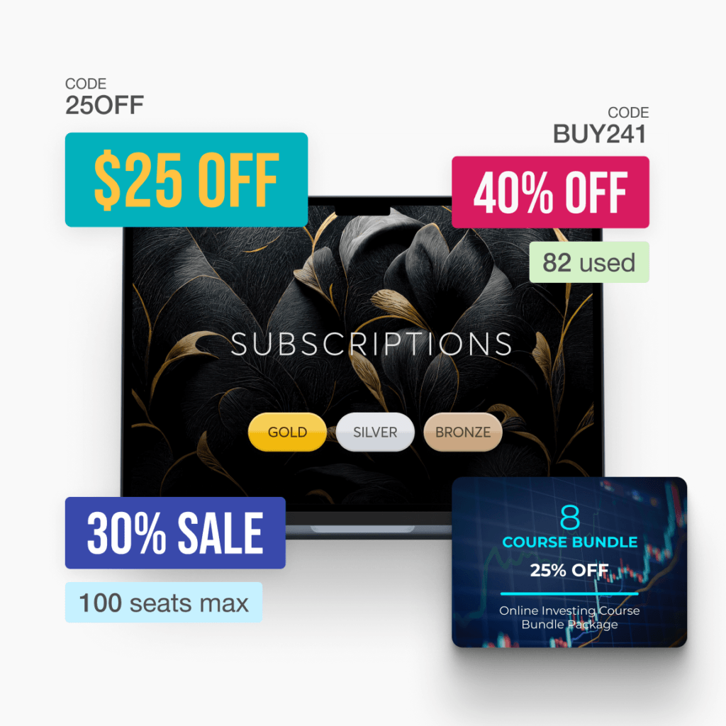 Subscription-style card with discount stickers (e.g., ‘$25 OFF’, ‘40% OFF’) and a ‘30% sale’ banner.
