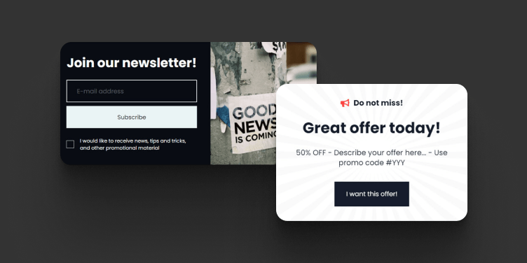 Forms and pop-up widget mockups.