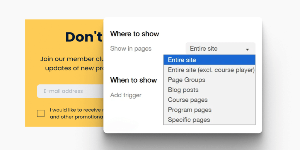 Pop-up targeting settings showing where the pop-up will appear across site pages.