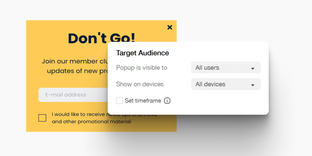 Pop-up audience targeting options for selecting specific users and devices.