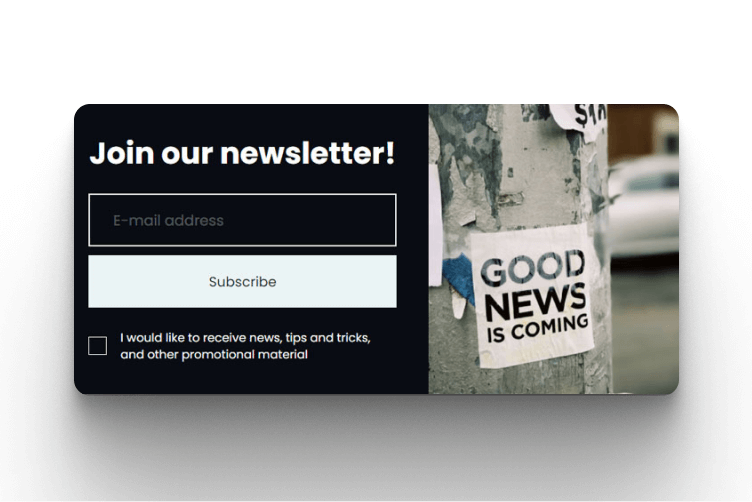 Newsletter subscription pop-up banner used to capture visitor email addresses.