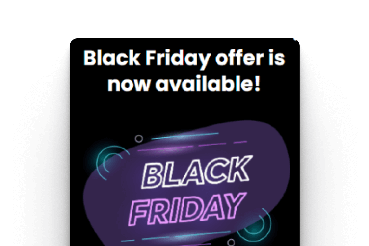 Promotional pop-up banner advertising a Black Friday discount offer.