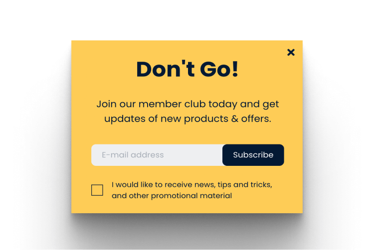 Exit-intent pop-up encouraging visitors to subscribe before leaving the website.