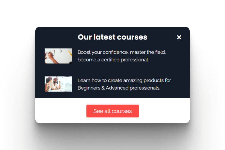 Pop-up banner announcing a new online course or digital product.