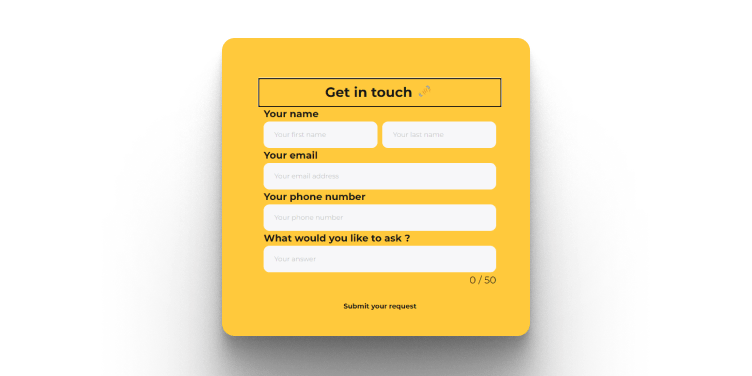 Yellow contact form mockup with fields for name, email, phone number, and message.