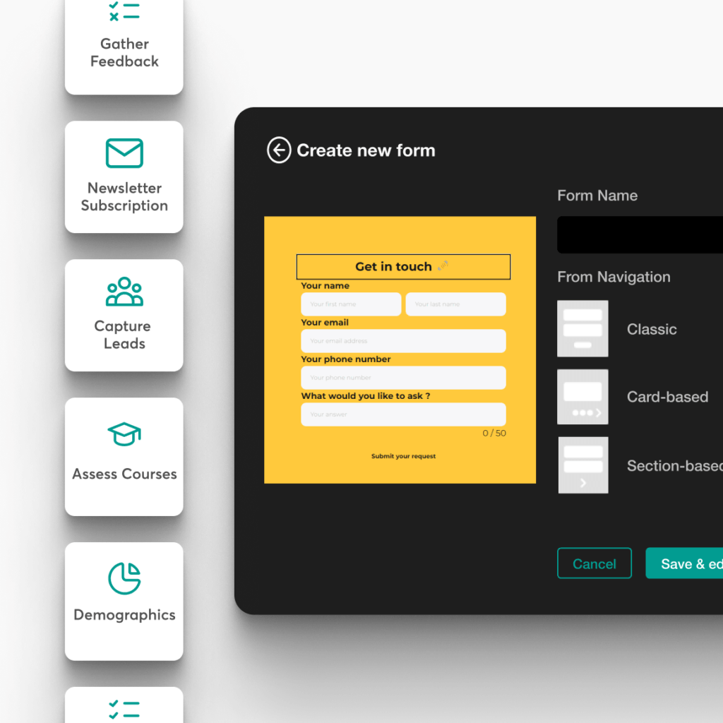 Form builder interface with a yellow contact form preview and layout options (classic, card-based, section-based) with a vertical stack of feature icons on the left.