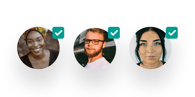 Three circular profile photos with small check marks.