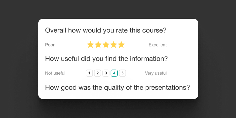 Survey preview with star rating and numbered scale questions.