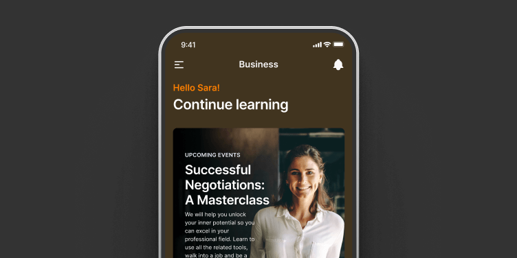 Mobile learning experience showing a course on a branded learning app.
