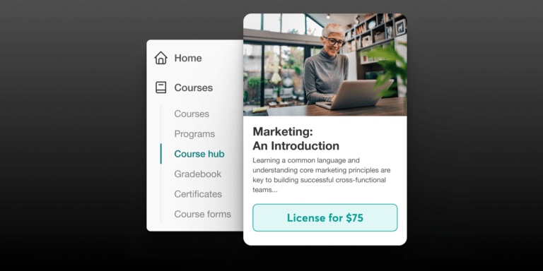 Course Hub tab as seen inside LearnWorlds platform in front of a black background.