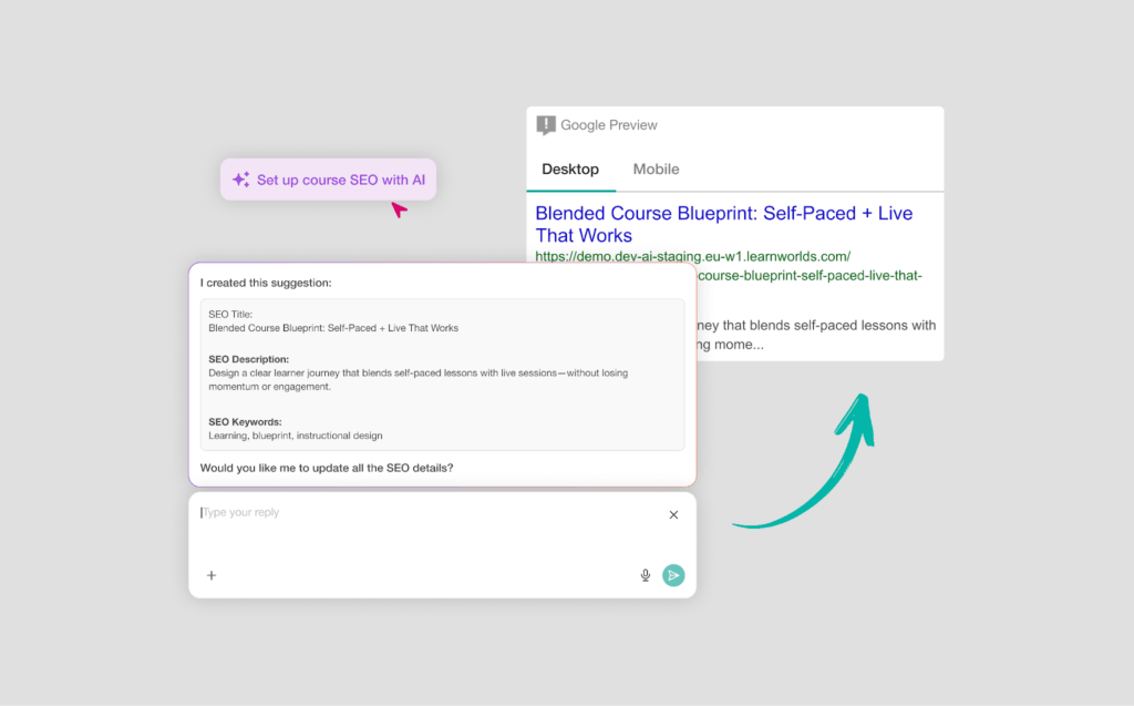 A GIF showing the capability of creating SEO information using LearnWorlds AI.
