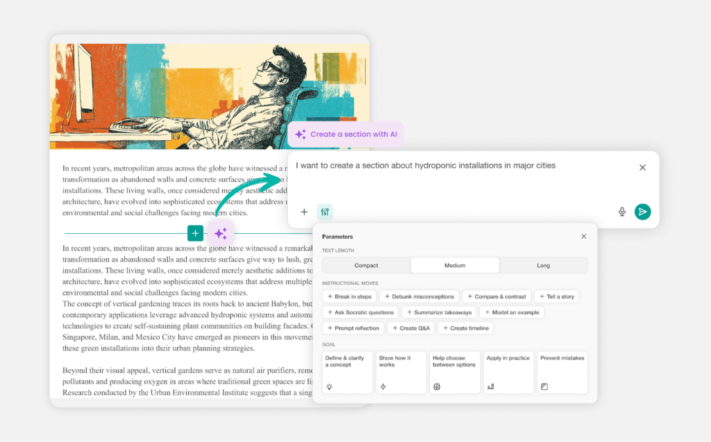 A GIF showing a content example where a specific part get created or edited with the help of LearnWorlds AI.