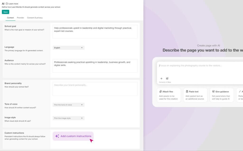 A GIF showing the AI settings inside LearnWorlds platform.