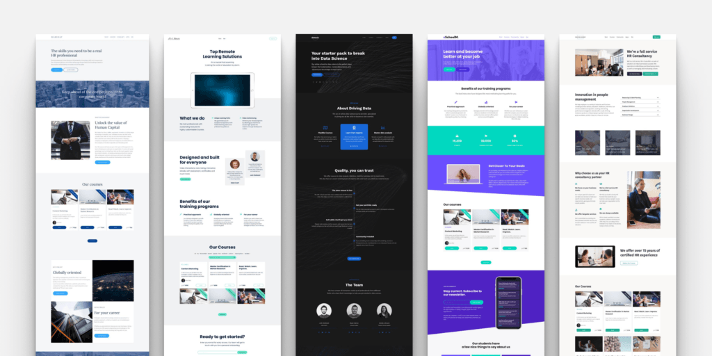 Grid of branded academy website templates displayed on multiple screen mockups.