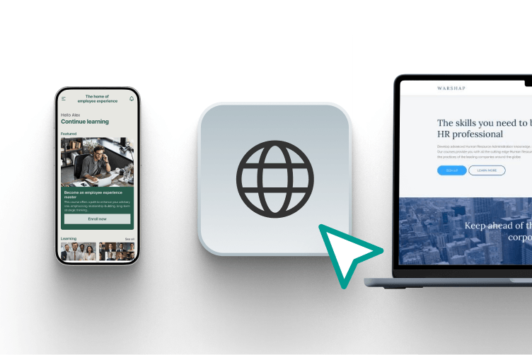 Mobile app screen next to a globe icon and a laptop screen, representing web and mobile delivery.