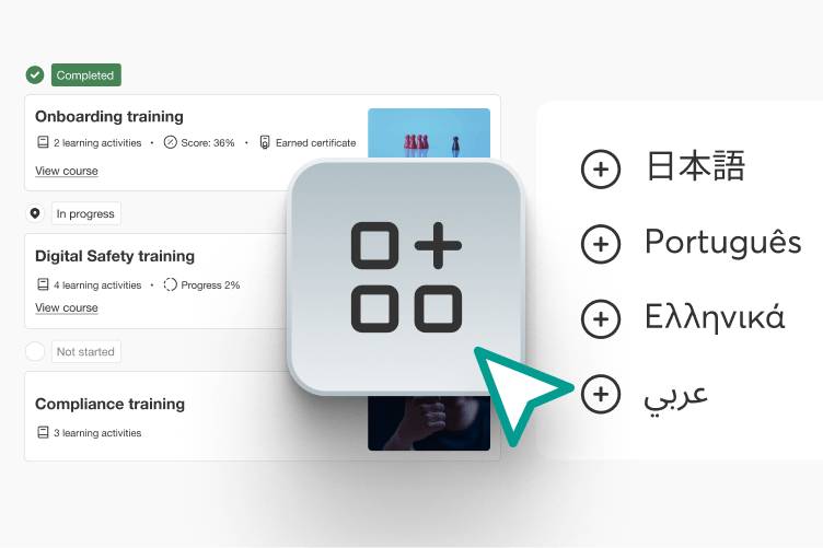 Learning dashboard UI with a cursor icon and a list of languages.