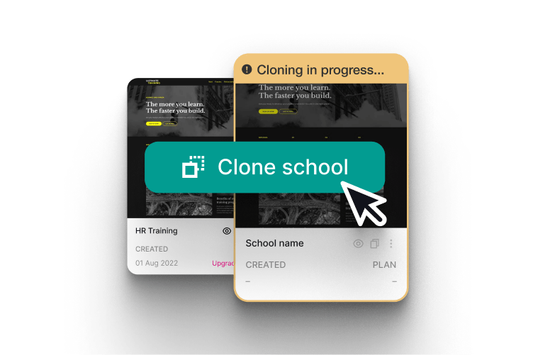 Admin interface showing a ‘Clone school’ action in progress.