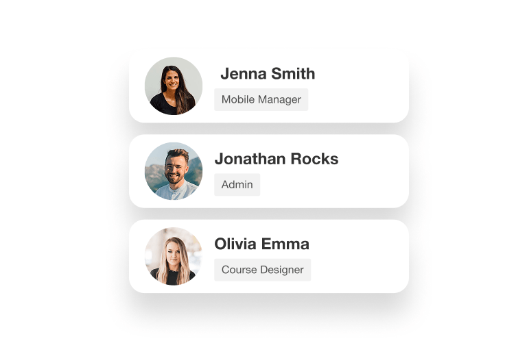 List of user profile cards showing different roles (eg manager/admin).