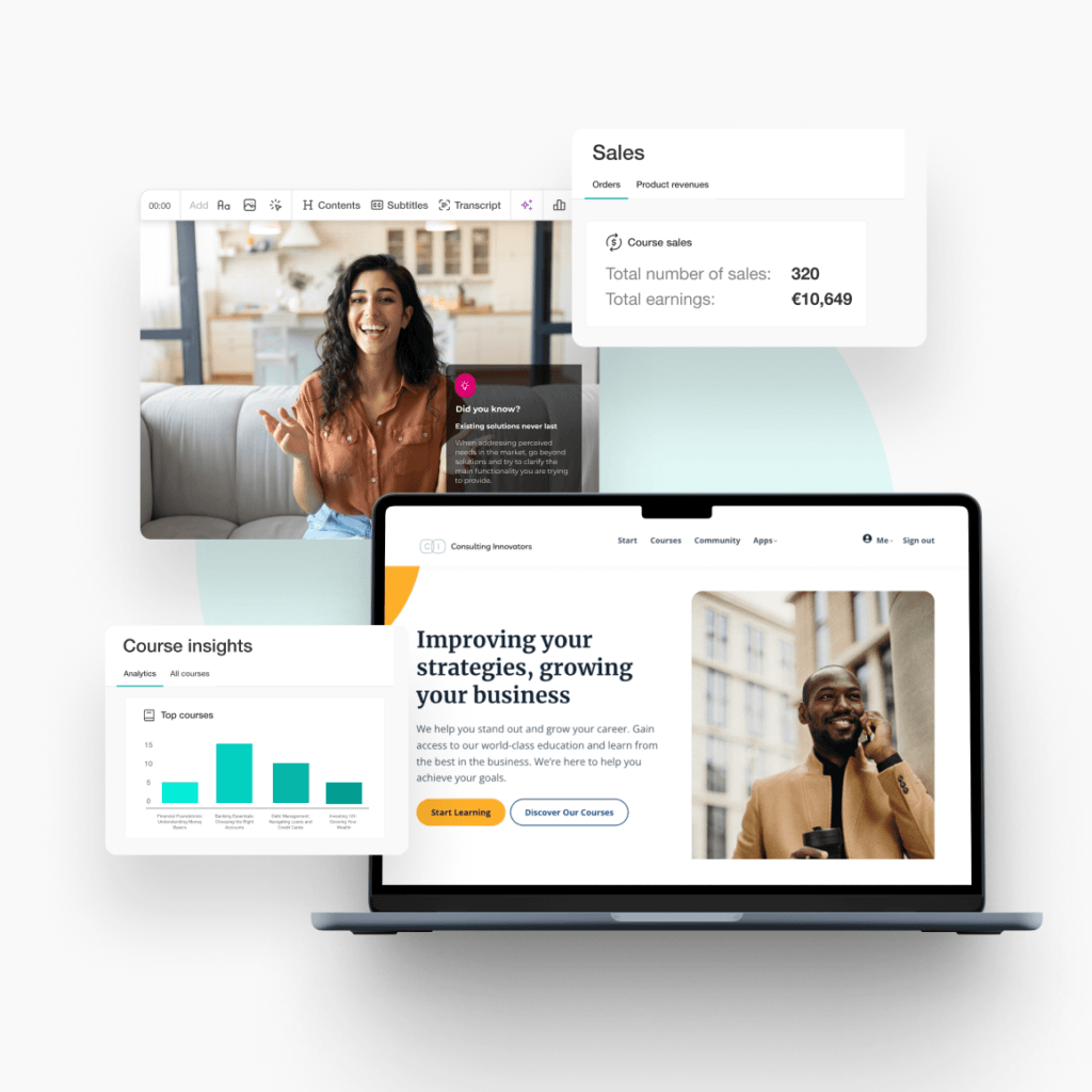 Stacked product UI screens showing a website page, analytics chart, and sales dashboard on a laptop.