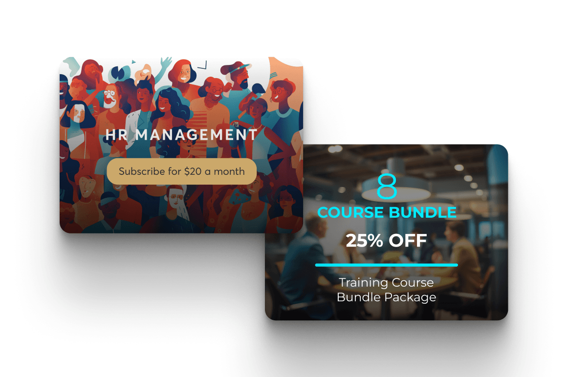 Promotional-style cards showing a subscription offer and a course bundle offer.