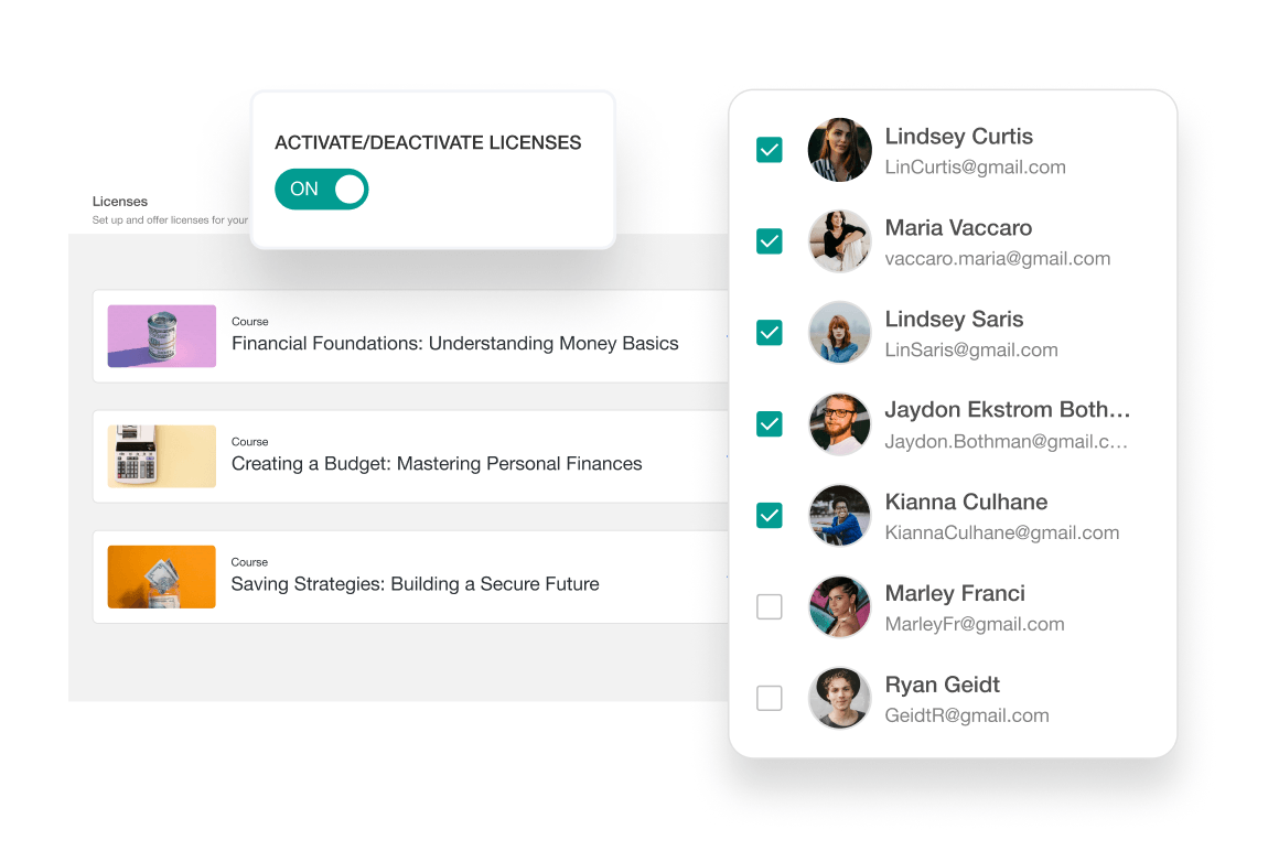 Admin interface showing license activation and a list of learners or seats.