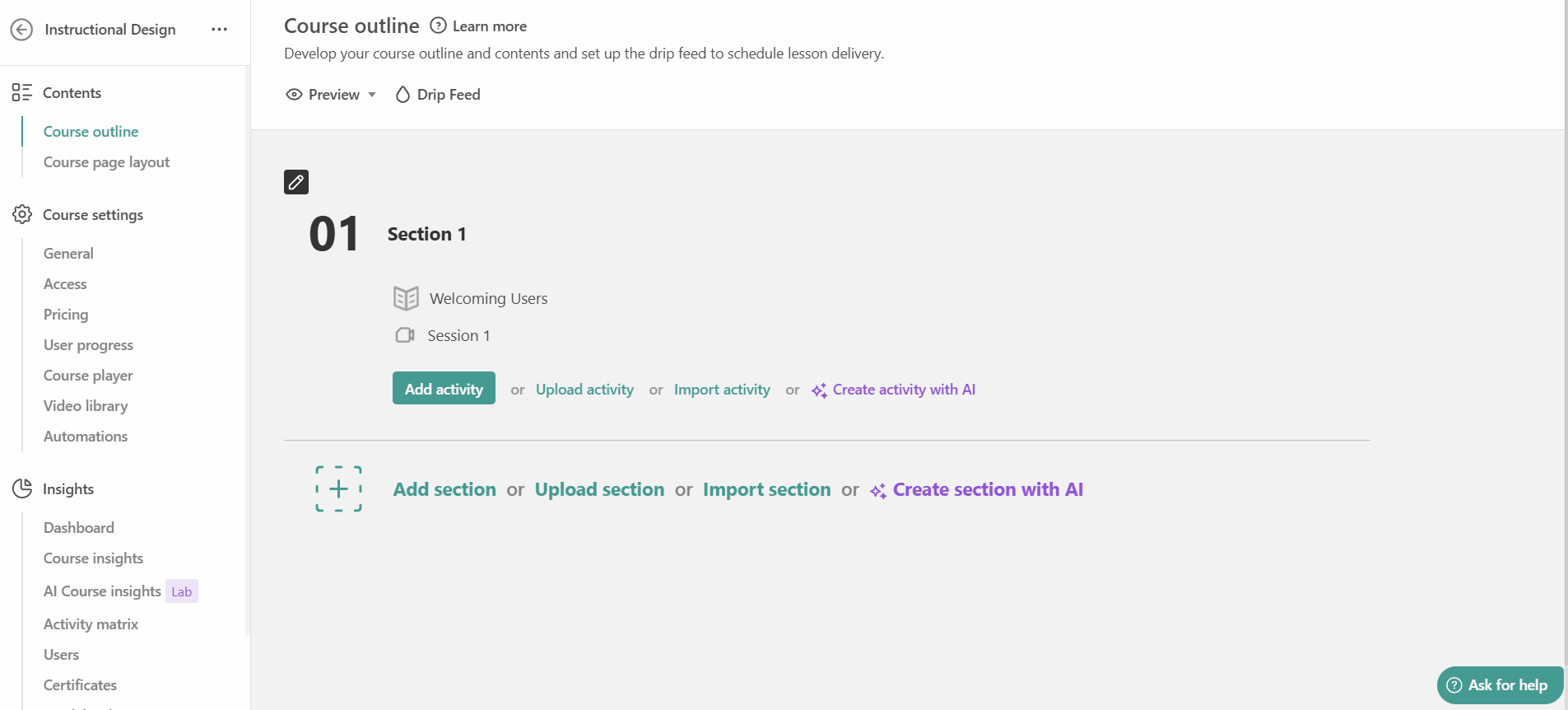 A GIF that features the course creation dashboard inside LearnWorlds, showing Microsoft Teams activities integrated into a course outline and learning workflow.