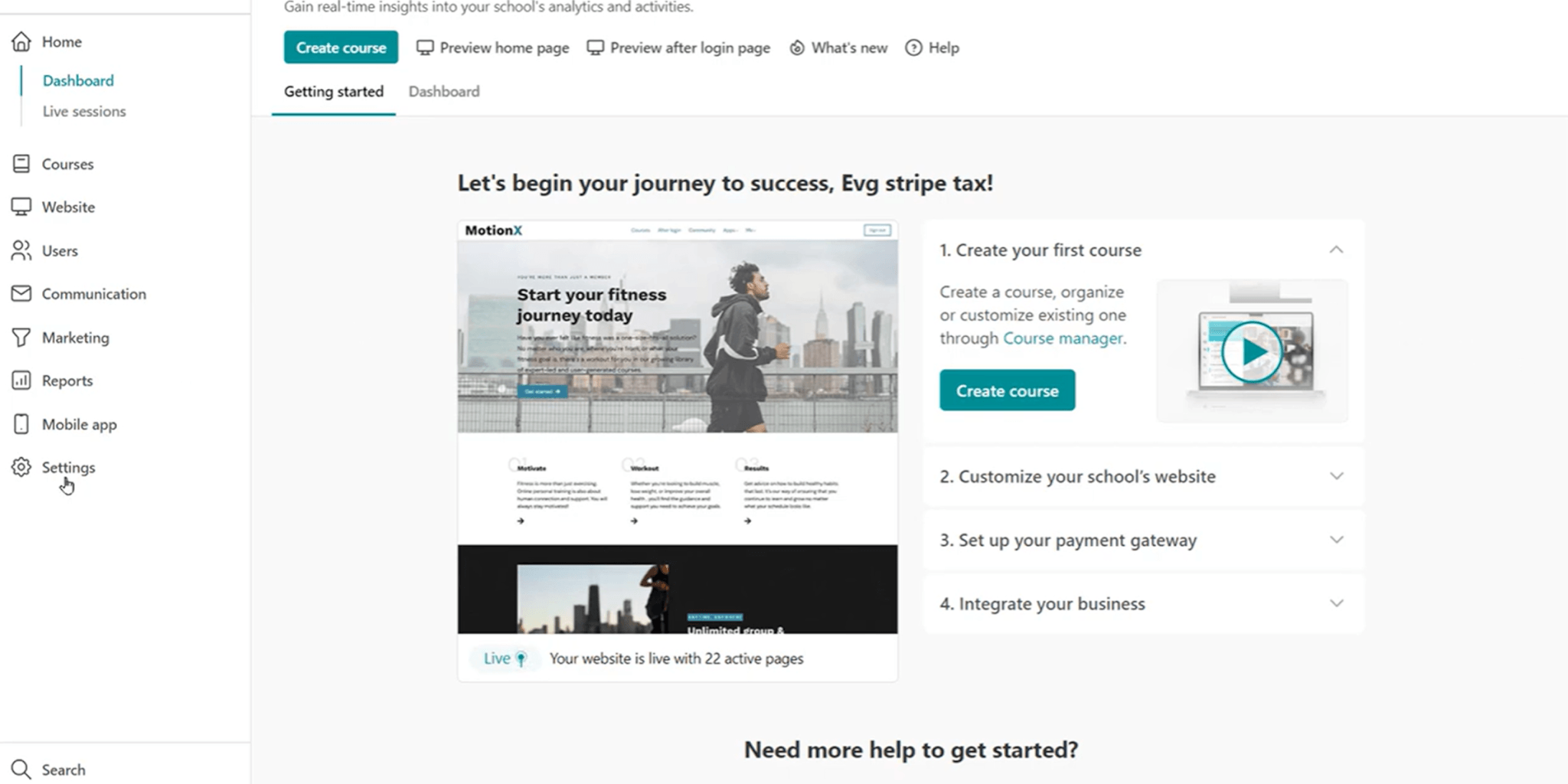 Video preview of LearnWorlds admin dashboard showing the onboarding setup flow with steps for creating courses, customizing the website, setting up payment gateways, and integrating Stripe Tax.