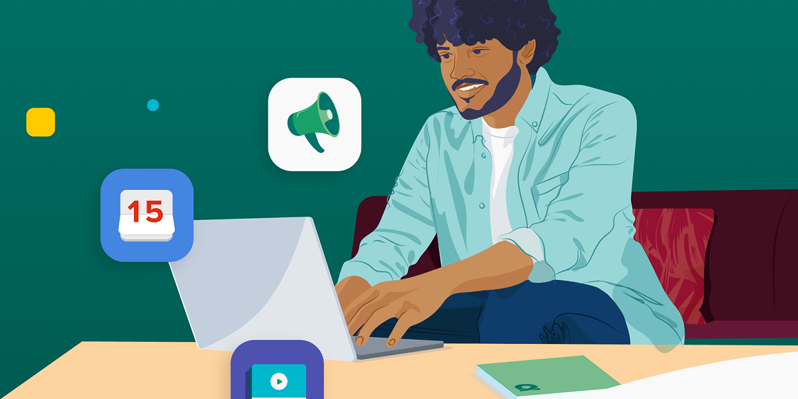 Illustrated professional working on a laptop with calendar and communication icons representing online live training and webinars.
