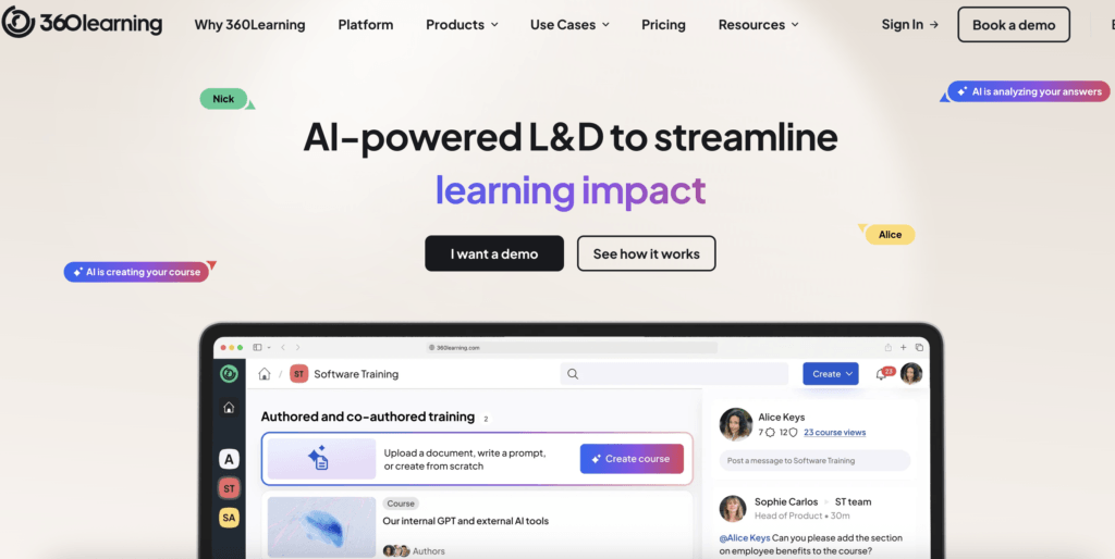360learning homepage with platform preview