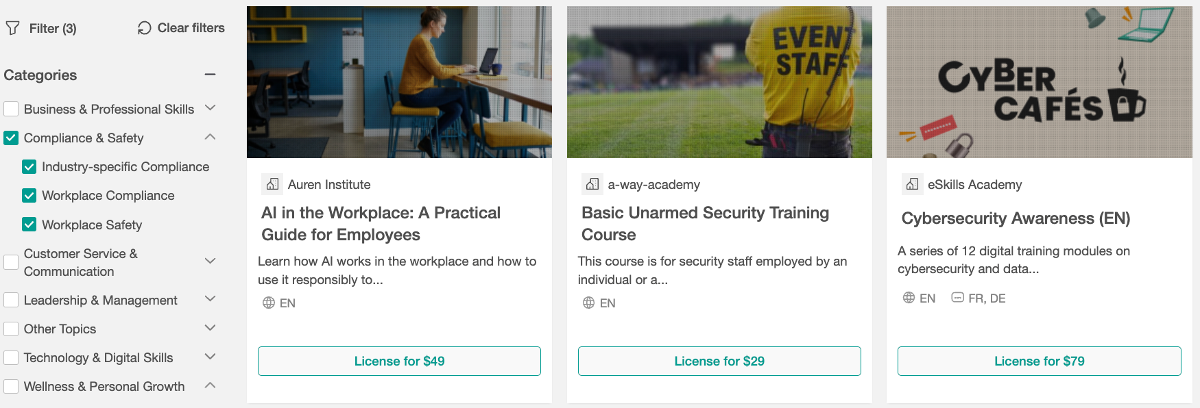 A screenshot showing Course Hub course cards related to Compliance, Safety, and Security.