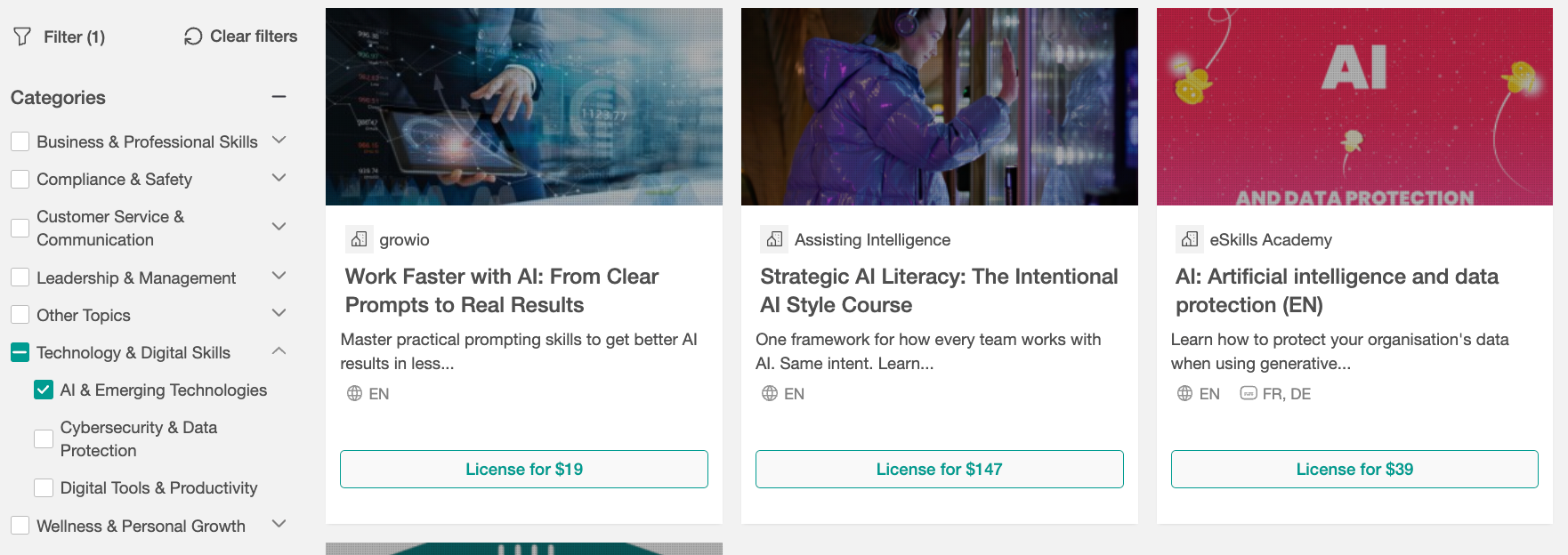 A screenshot showing Course Hub course cards related to AI Literacy, Responsible AI, and AI Productivity.