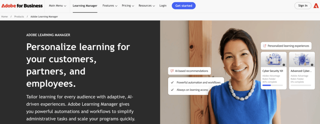 Adobe Learning Manager homepage featuring a smiling woman