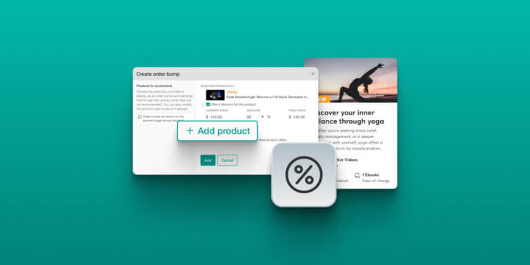 An image showing the 'Create order pump' tab inside the LearnWorlds dashboard, along with the 'add product' button, a percentage icon, and a course preview card on top of a cyan-colored background.