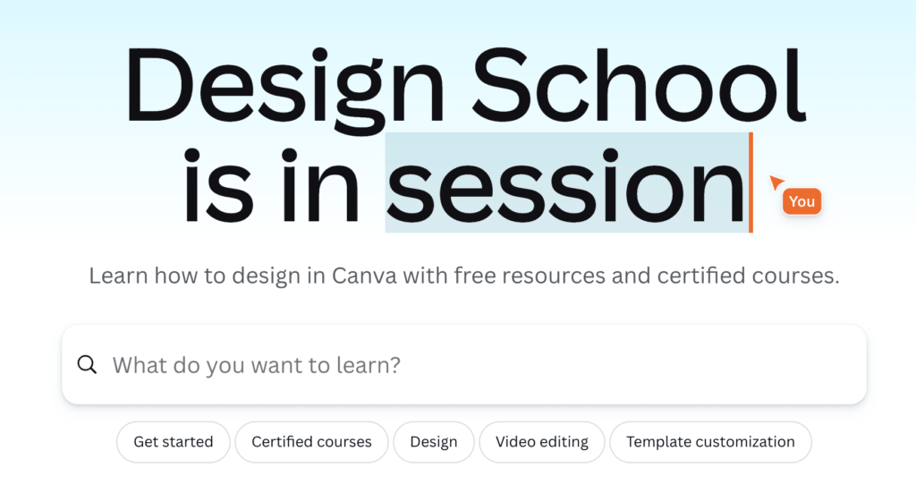 Canva Design School homepage offering free resources and certified courses 