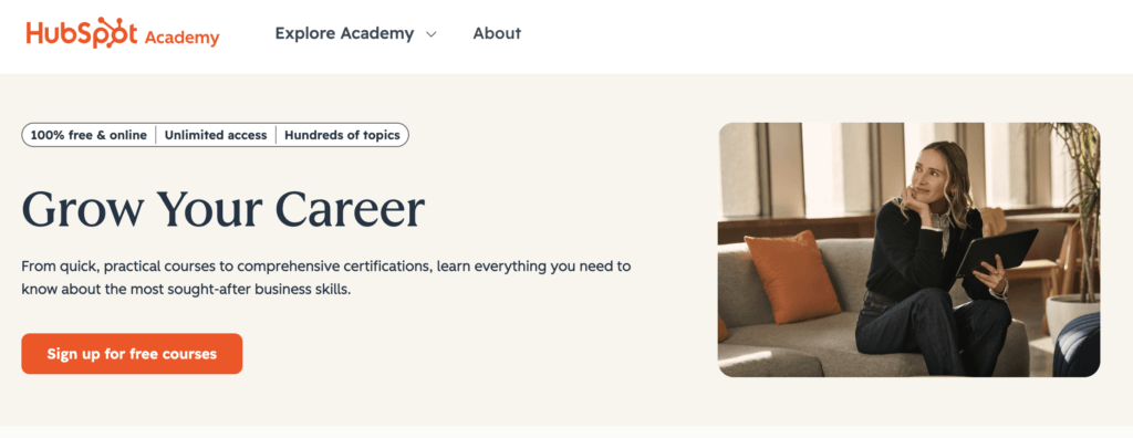 HubSpot Academy homepage promoting free online courses and certifications for business skills