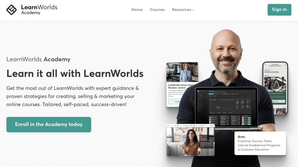 LearnWorlds Academy homepage featuring self-paced courses and expert guidance for creating, selling, and marketing online courses