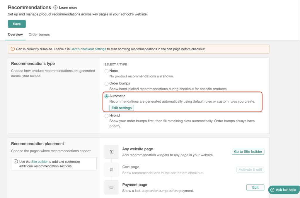 Alt-text: An image showing the Recommendations tab options inside the LearnWorlds dashboard.