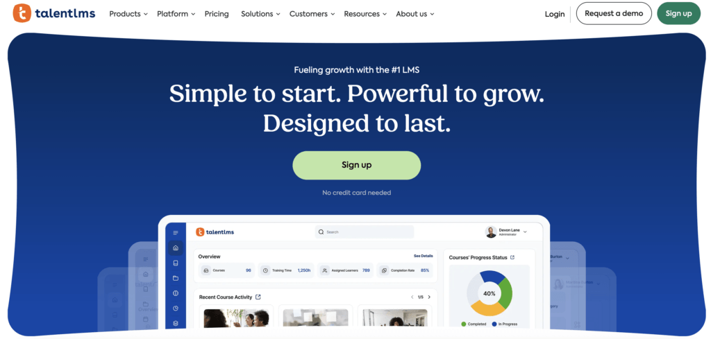 talentlms homepage in blue showcases use cases
