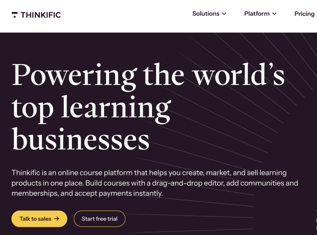 thinkific homepage with mission statement