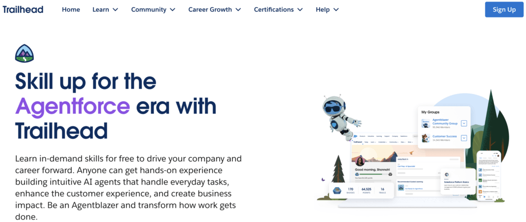 Salesforce Trailhead homepage showing a gamified learning platform with badges, points, and certifications for in-demand skills