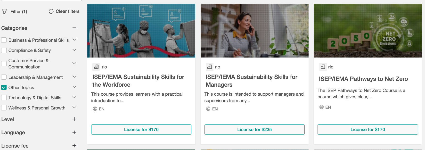 A screenshot showing Course Hub course cards related to Sustainability, ESG, and Net Zero.