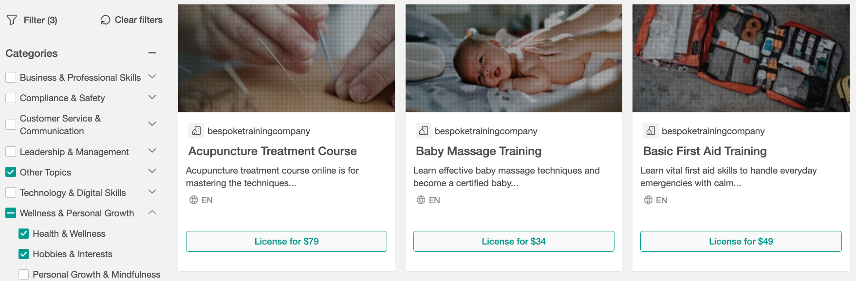 A screenshot showing Course Hub course cards related to Enrichment and Specialist Topics.