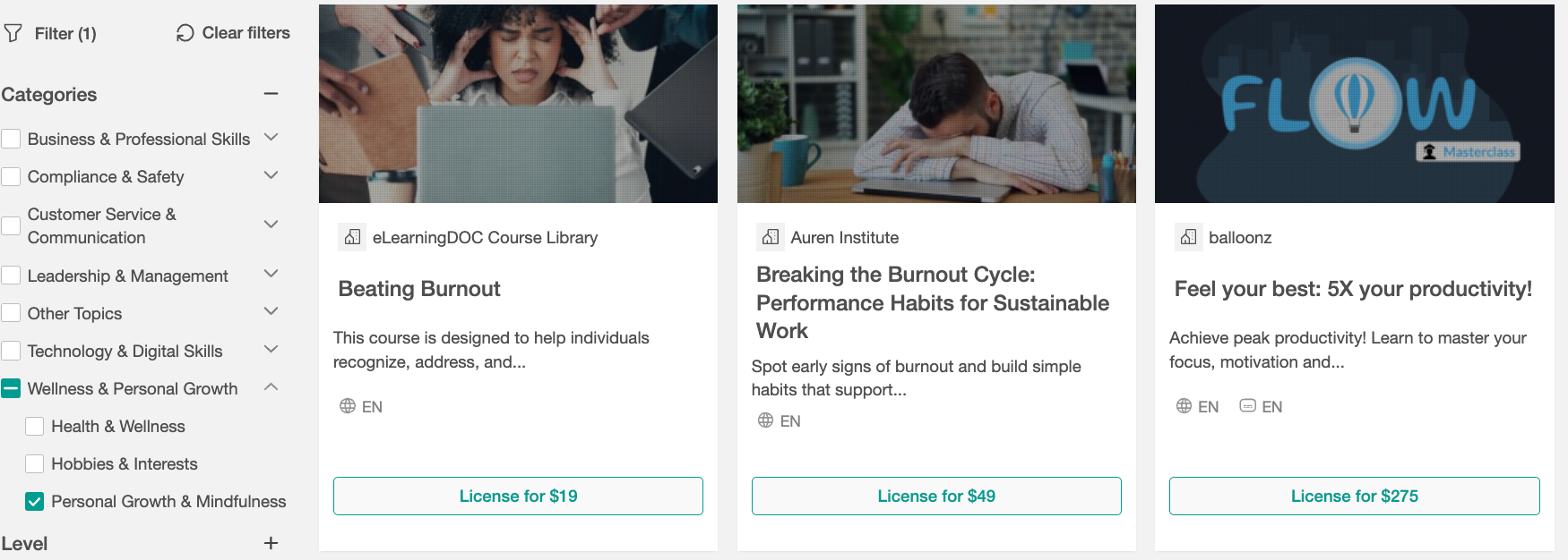 A screenshot showing Course Hub course cards related to Productivity, Focus, and Wellbeing.