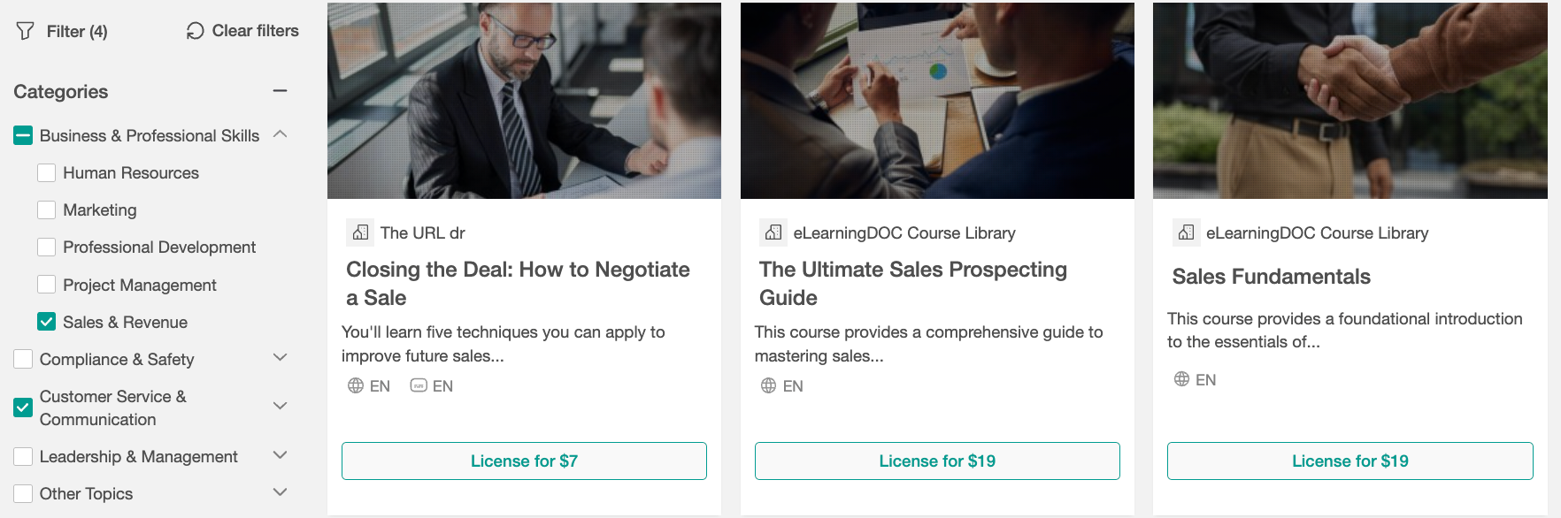 A screenshot showing Course Hub course cards related to Sales and Customer Service.
