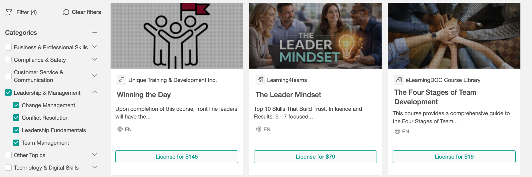 A screenshot showing Course Hub course cards related to Leadership and Management.