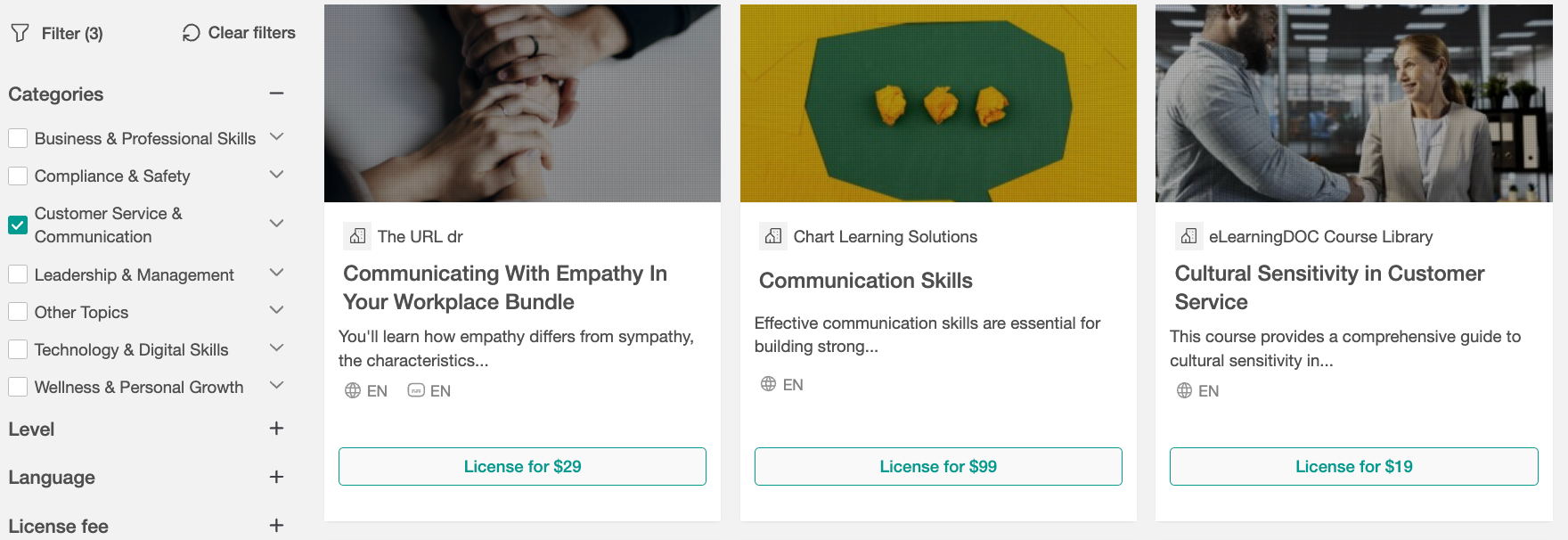 A screenshot showing Course Hub course cards related to Communication.