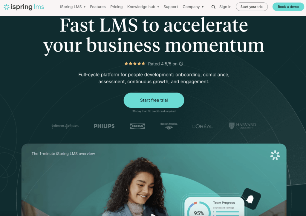 ispring lms homepage with smiling woman
