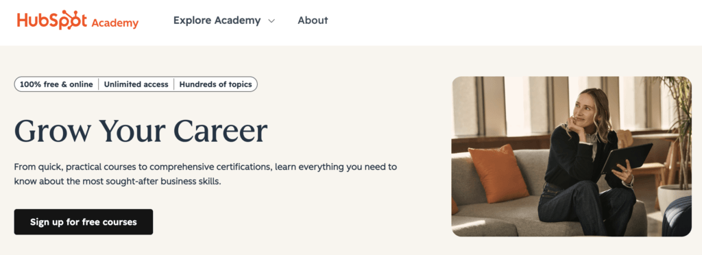 Screenshot of the HubSpot Academy homepage, showing the tagline 'Grow Your Career' and a call to action to sign up for free courses
