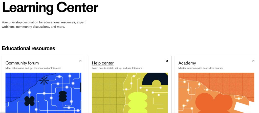 Screenshot of the Intercom Learning Center homepage, showing three educational resources: a community forum, a help center, and an academy